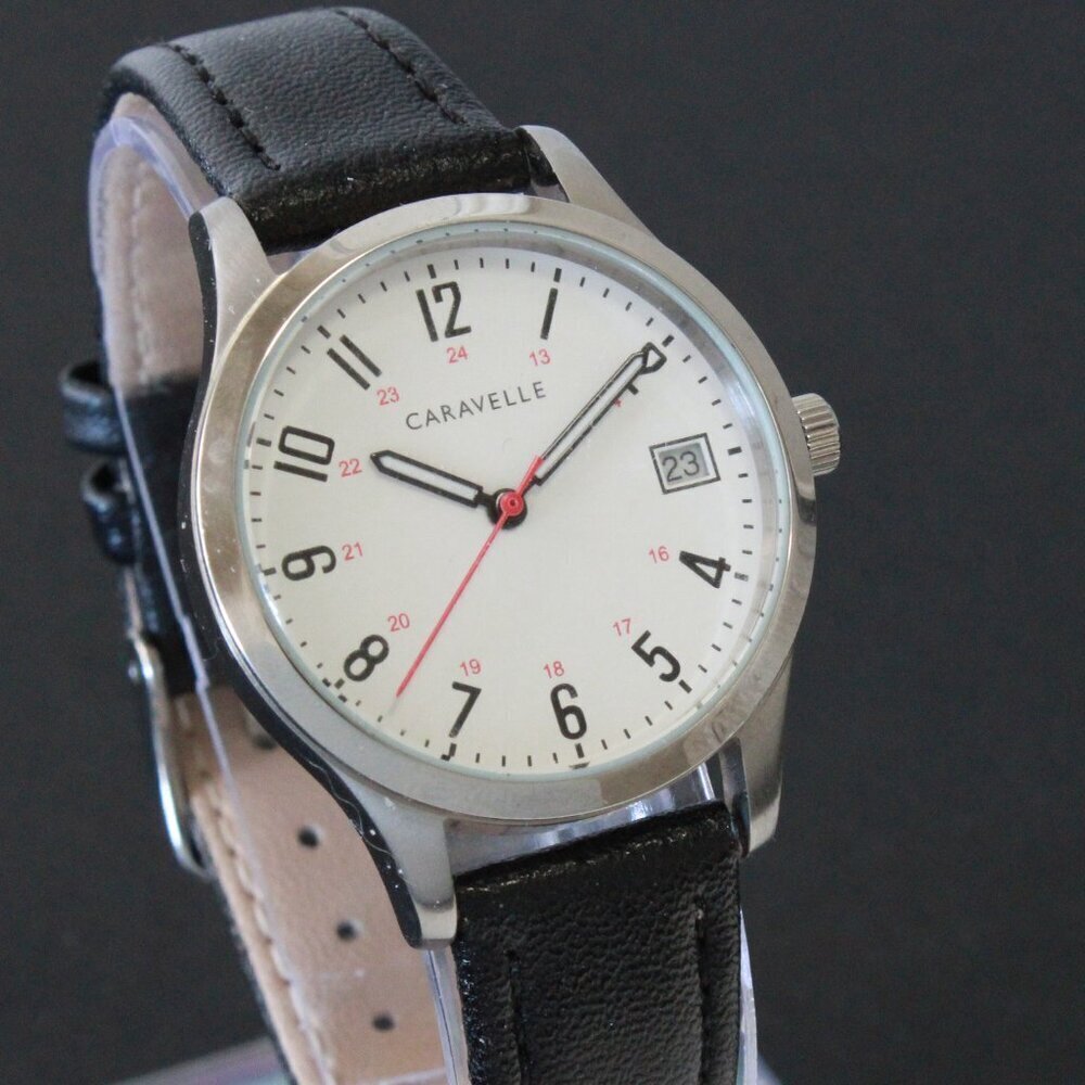 Caravelle Ladies Easy Reader By Bulova Black On White Dial Black Leather 30mm - Picture 5 of 10